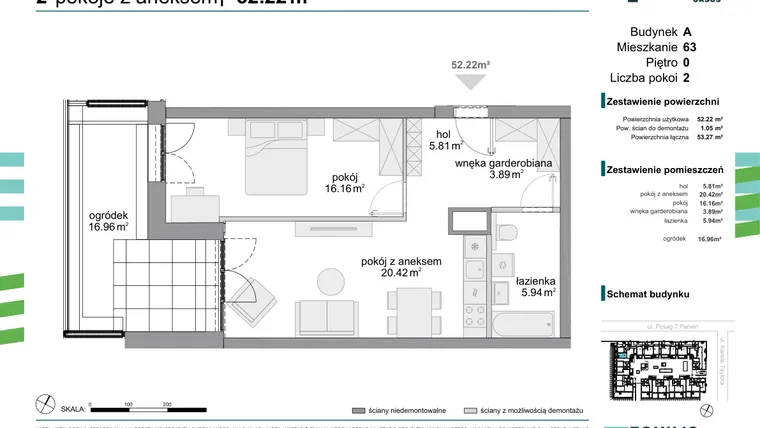 Rzut - Mieszkanie na sprzedaż 2 pokoje o powierzchni 52,22 m² - numer 63 w Osiedle Fokus Ursus