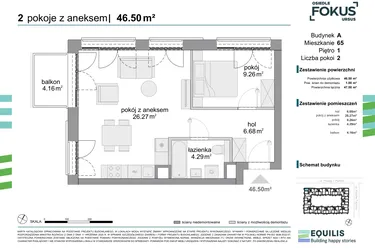 Rzut - Mieszkanie na sprzedaż 2 pokoje o powierzchni 46,5 m² - numer 65 w Osiedle Fokus Ursus