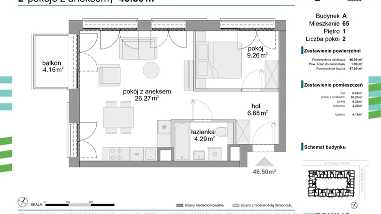 Rzut - Mieszkanie na sprzedaż 2 pokoje o powierzchni 46,5 m² - numer 65 w Osiedle Fokus Ursus
