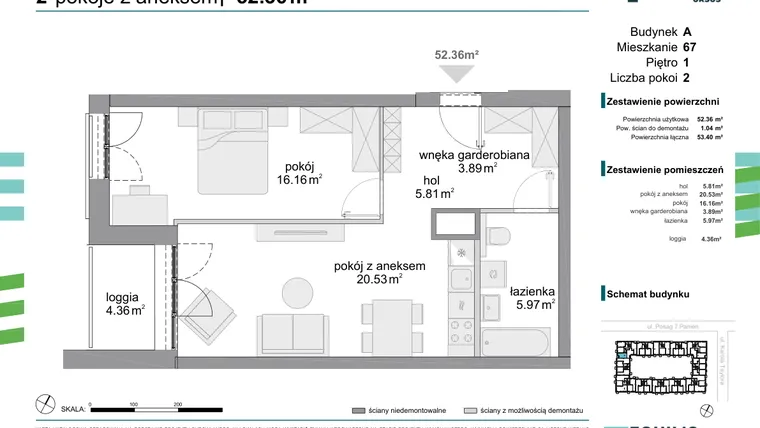 Rzut - Mieszkanie na sprzedaż 2 pokoje o powierzchni 52,36 m² - numer 67 w Osiedle Fokus Ursus