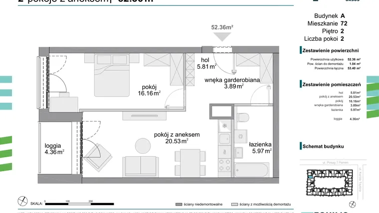 Rzut - Mieszkanie na sprzedaż 2 pokoje o powierzchni 52,36 m² - numer 72 w Osiedle Fokus Ursus
