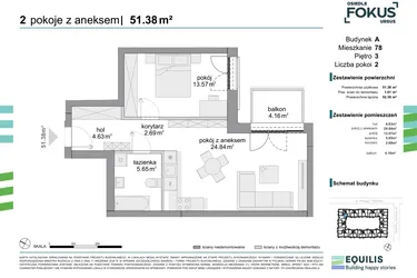 Rzut - Mieszkanie na sprzedaż 2 pokoje o powierzchni 51,38 m² - numer 78 w Osiedle Fokus Ursus