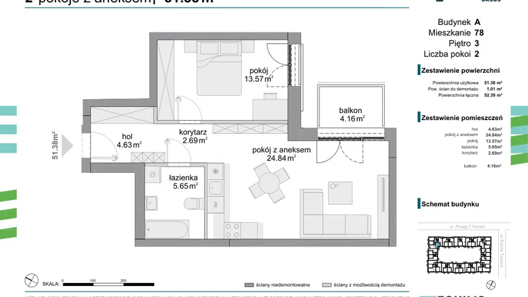 Rzut - Mieszkanie na sprzedaż 2 pokoje o powierzchni 51,38 m² - numer 78 w Osiedle Fokus Ursus