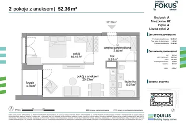 Rzut - Mieszkanie na sprzedaż 2 pokoje o powierzchni 52,36 m² - numer 82 w Osiedle Fokus Ursus
