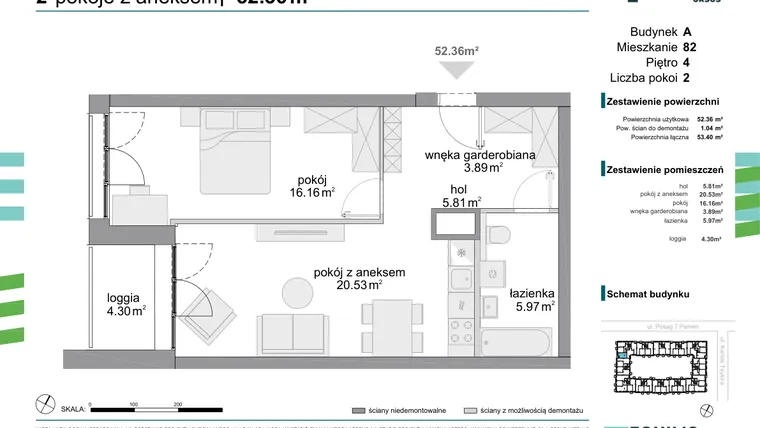 Rzut - Mieszkanie na sprzedaż 2 pokoje o powierzchni 52,36 m² - numer 82 w Osiedle Fokus Ursus