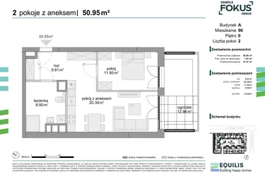 Rzut - Mieszkanie na sprzedaż 2 pokoje o powierzchni 50,95 m² - numer 90 w Osiedle Fokus Ursus