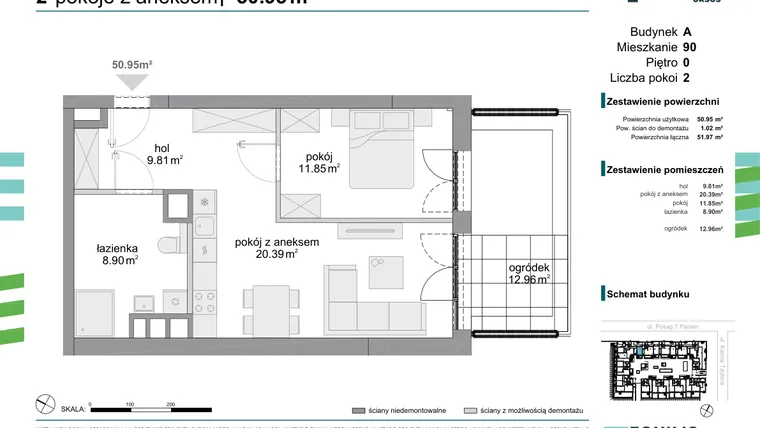 Rzut - Mieszkanie na sprzedaż 2 pokoje o powierzchni 50,95 m² - numer 90 w Osiedle Fokus Ursus