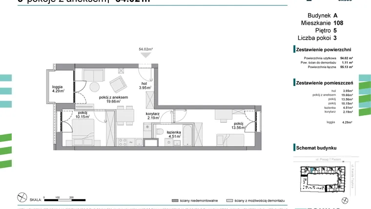 Rzut - Mieszkanie na sprzedaż 3 pokoje o powierzchni 54,02 m² - numer 108 w Osiedle Fokus Ursus