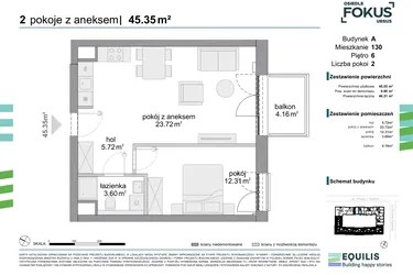 Rzut - Mieszkanie na sprzedaż 2 pokoje o powierzchni 45,35 m² - numer 130 w Osiedle Fokus Ursus