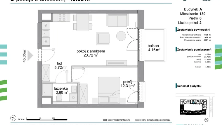 Rzut - Mieszkanie na sprzedaż 2 pokoje o powierzchni 45,35 m² - numer 130 w Osiedle Fokus Ursus