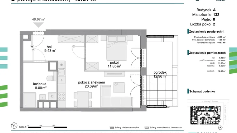 Rzut - Mieszkanie na sprzedaż 2 pokoje o powierzchni 49,67 m² - numer 132 w Osiedle Fokus Ursus