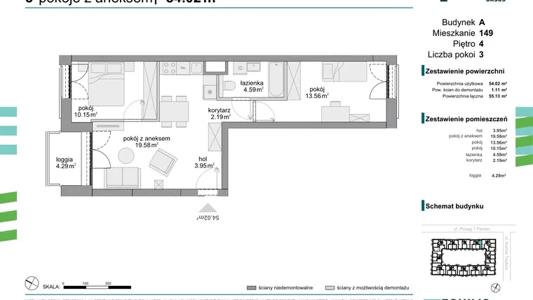 Rzut - Mieszkanie na sprzedaż 3 pokoje o powierzchni 54,02 m² - numer 149 w Osiedle Fokus Ursus