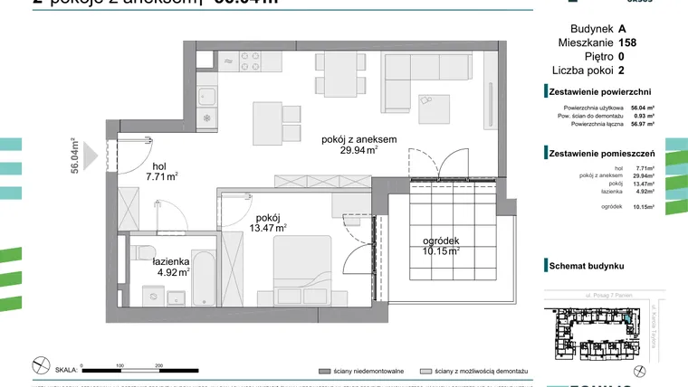 Rzut - Mieszkanie na sprzedaż 2 pokoje o powierzchni 56,04 m² - numer 158 w Osiedle Fokus Ursus