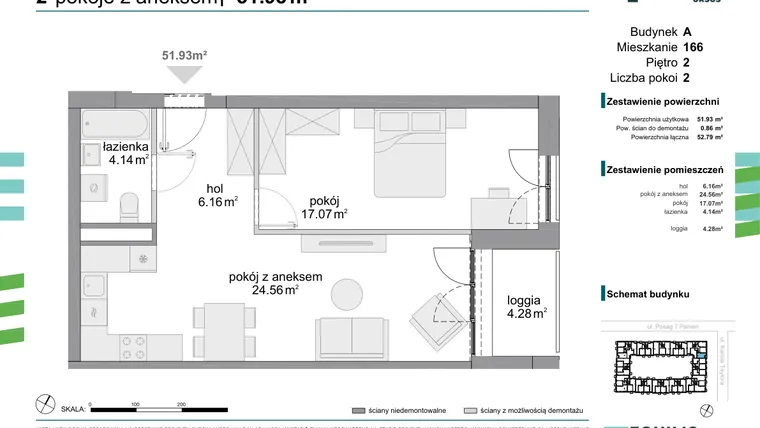 Rzut - Mieszkanie na sprzedaż 2 pokoje o powierzchni 51,93 m² - numer 166 w Osiedle Fokus Ursus