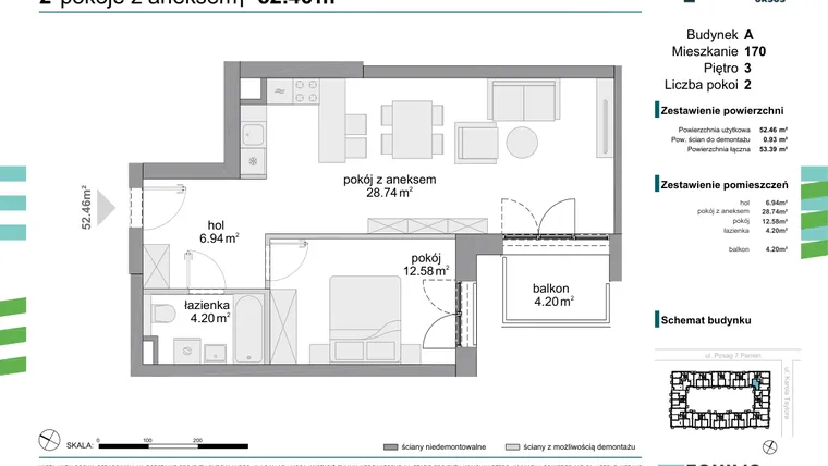 Rzut - Mieszkanie na sprzedaż 2 pokoje o powierzchni 52,46 m² - numer 170 w Osiedle Fokus Ursus