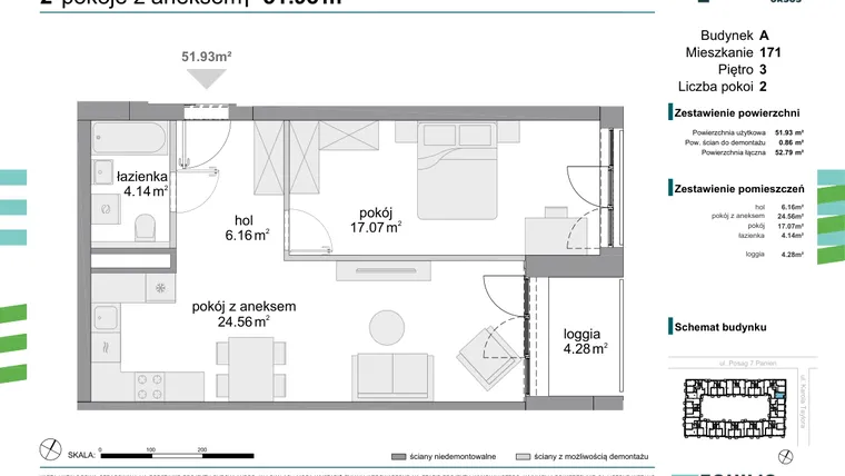 Rzut - Mieszkanie na sprzedaż 2 pokoje o powierzchni 51,93 m² - numer 171 w Osiedle Fokus Ursus