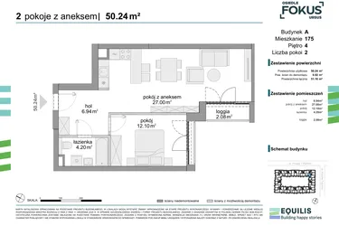 Rzut - Mieszkanie na sprzedaż 2 pokoje o powierzchni 50,24 m² - numer 175 w Osiedle Fokus Ursus