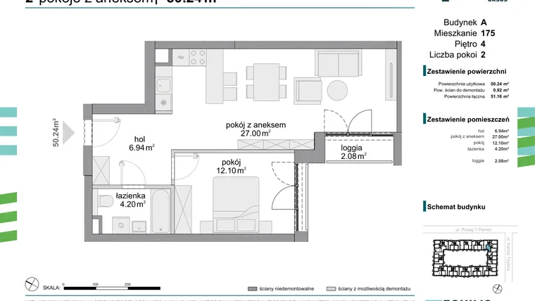 Rzut - Mieszkanie na sprzedaż 2 pokoje o powierzchni 50,24 m² - numer 175 w Osiedle Fokus Ursus