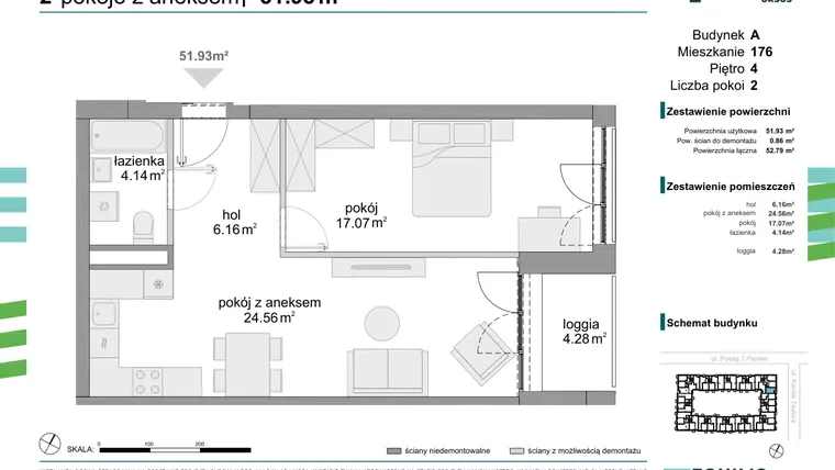 Rzut - Mieszkanie na sprzedaż 2 pokoje o powierzchni 51,93 m² - numer 176 w Osiedle Fokus Ursus