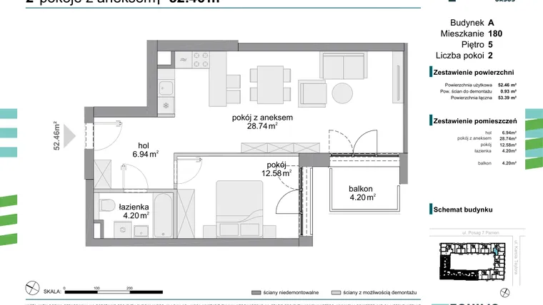 Rzut - Mieszkanie na sprzedaż 2 pokoje o powierzchni 52,46 m² - numer 180 w Osiedle Fokus Ursus