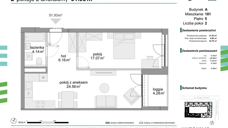 Rzut - Mieszkanie na sprzedaż 2 pokoje o powierzchni 51,93 m² - numer 181 w Osiedle Fokus Ursus
