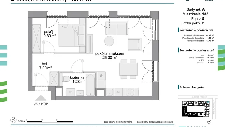 Rzut - Mieszkanie na sprzedaż 2 pokoje o powierzchni 46,47 m² - numer 183 w Osiedle Fokus Ursus