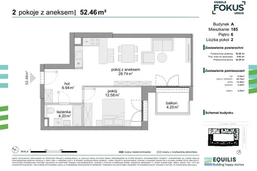 Rzut - Mieszkanie na sprzedaż 2 pokoje o powierzchni 52,46 m² - numer 185 w Osiedle Fokus Ursus