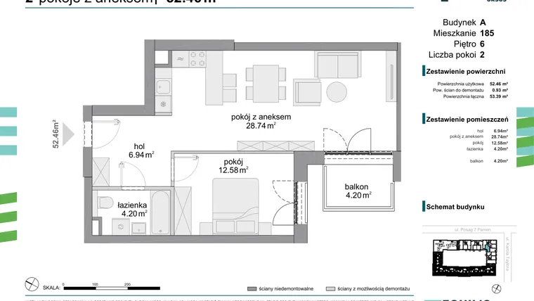 Rzut - Mieszkanie na sprzedaż 2 pokoje o powierzchni 52,46 m² - numer 185 w Osiedle Fokus Ursus