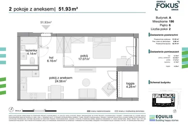 Rzut - Mieszkanie na sprzedaż 2 pokoje o powierzchni 51,93 m² - numer 186 w Osiedle Fokus Ursus