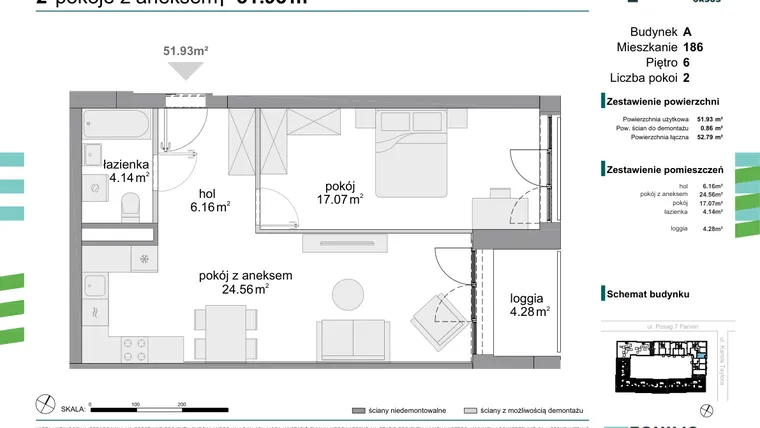Rzut - Mieszkanie na sprzedaż 2 pokoje o powierzchni 51,93 m² - numer 186 w Osiedle Fokus Ursus