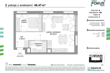 Rzut - Mieszkanie na sprzedaż 2 pokoje o powierzchni 46,47 m² - numer 188 w Osiedle Fokus Ursus
