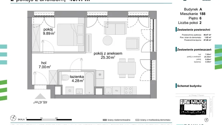 Rzut - Mieszkanie na sprzedaż 2 pokoje o powierzchni 46,47 m² - numer 188 w Osiedle Fokus Ursus
