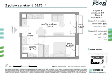 Rzut - Mieszkanie na sprzedaż 2 pokoje o powierzchni 38,75 m² - numer 210 w Osiedle Fokus Ursus