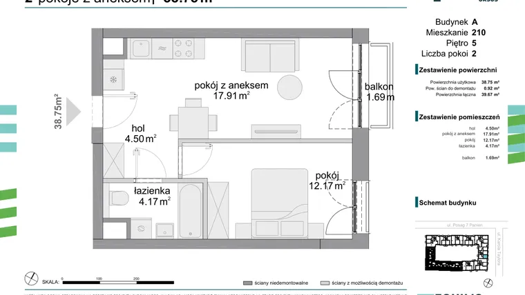 Rzut - Mieszkanie na sprzedaż 2 pokoje o powierzchni 38,75 m² - numer 210 w Osiedle Fokus Ursus