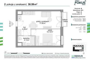 Rzut - Mieszkanie na sprzedaż 2 pokoje o powierzchni 38,43 m² - numer 211 w Osiedle Fokus Ursus