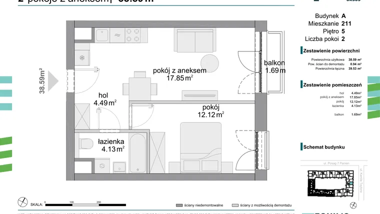 Rzut - Mieszkanie na sprzedaż 2 pokoje o powierzchni 38,43 m² - numer 211 w Osiedle Fokus Ursus