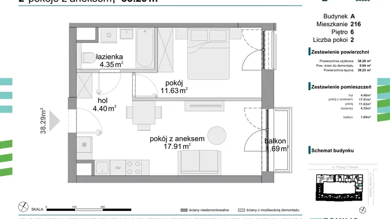 Rzut - Mieszkanie na sprzedaż 2 pokoje o powierzchni 38,29 m² - numer 216 w Osiedle Fokus Ursus