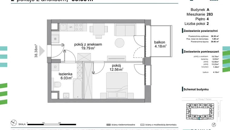 Rzut - Mieszkanie na sprzedaż 2 pokoje o powierzchni 38,62 m² - numer 283 w Osiedle Fokus Ursus
