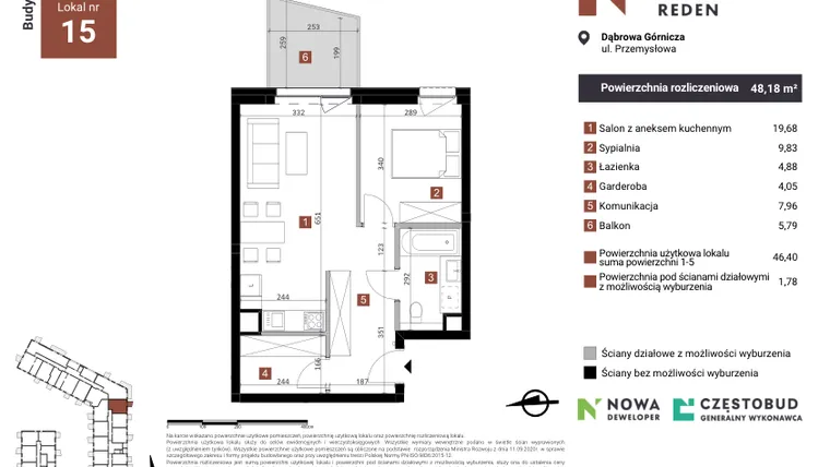 Rzut - Mieszkanie na sprzedaż 2 pokoje o powierzchni 48,18 m² - numer A15 w Nowy Reden