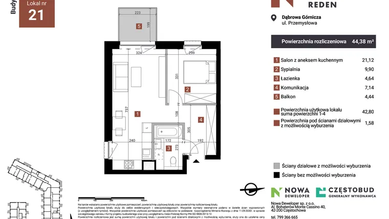 Rzut - Mieszkanie na sprzedaż 2 pokoje o powierzchni 44,38 m² - numer A21 w Nowy Reden