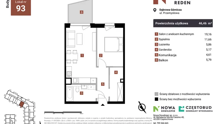 Rzut - Mieszkanie na sprzedaż 2 pokoje o powierzchni 46,46 m² - numer A93-I w Nowy Reden