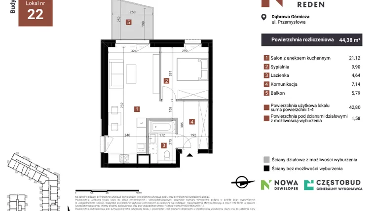 Rzut - Mieszkanie na sprzedaż 2 pokoje o powierzchni 44,38 m² - numer B22 w Nowy Reden