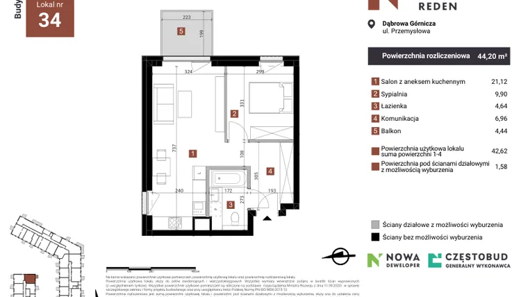 Rzut - Mieszkanie na sprzedaż 2 pokoje o powierzchni 44,2 m² - numer B34 w Nowy Reden