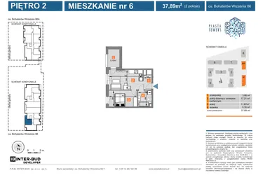 Rzut - Mieszkanie na sprzedaż 2 pokoje o powierzchni 37,89 m² - numer 86.6 w Piasta Towers bud. 86 i 86A