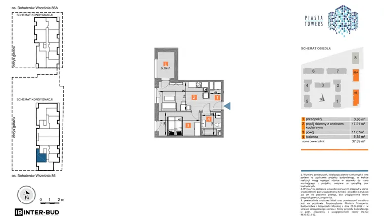 Rzut - Mieszkanie na sprzedaż 2 pokoje o powierzchni 37,89 m² - numer 86.6 w Piasta Towers bud. 86 i 86A