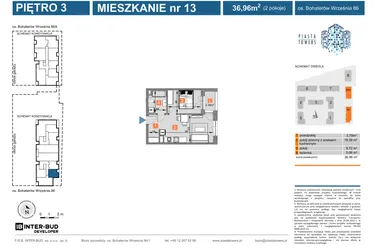 Rzut - Mieszkanie na sprzedaż 2 pokoje o powierzchni 36,96 m² - numer 86.13 w Piasta Towers bud. 86 i 86A