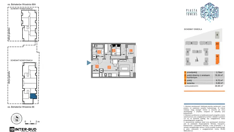 Rzut - Mieszkanie na sprzedaż 2 pokoje o powierzchni 36,96 m² - numer 86.13 w Piasta Towers bud. 86 i 86A