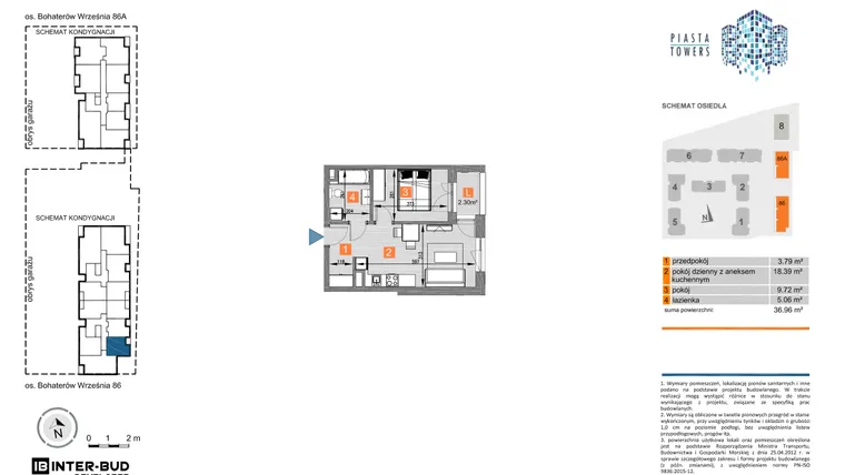 Rzut - Mieszkanie na sprzedaż 2 pokoje o powierzchni 36,96 m² - numer 86.18 w Piasta Towers bud. 86 i 86A
