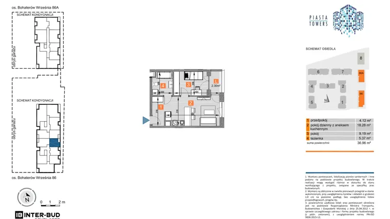 Rzut - Mieszkanie na sprzedaż 2 pokoje o powierzchni 36,96 m² - numer 86.20 w Piasta Towers bud. 86 i 86A