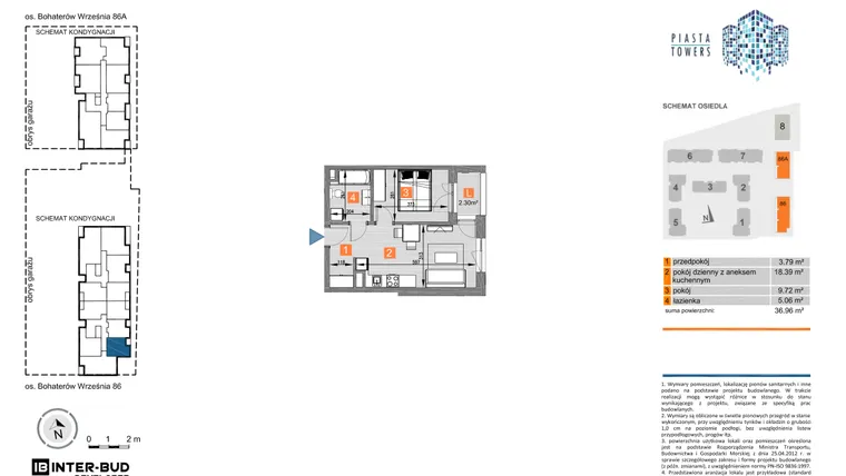 Rzut - Mieszkanie na sprzedaż 2 pokoje o powierzchni 36,96 m² - numer 86.24 w Piasta Towers bud. 86 i 86A